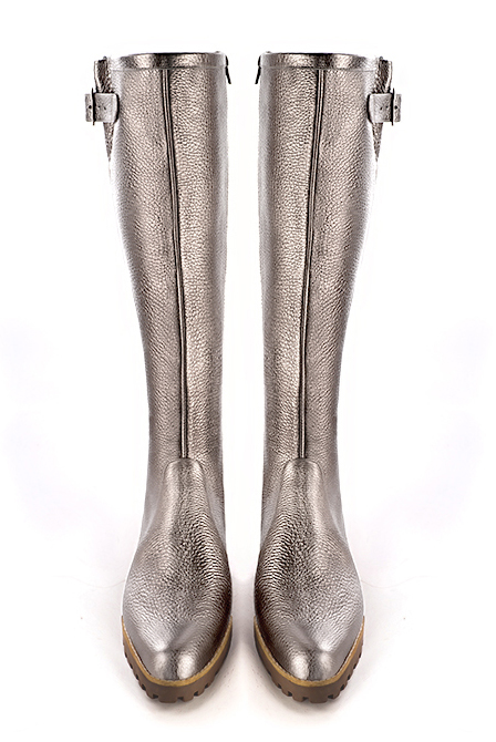 Taupe brown women's knee-high boots with buckles.. Made to measure. Top view - Florence KOOIJMAN